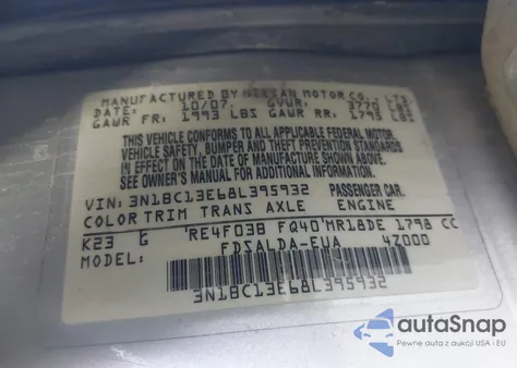 2008 Nissan Versa 1.8S z USA, uszkodzony, nr VIN 3N1BC13E68L395932